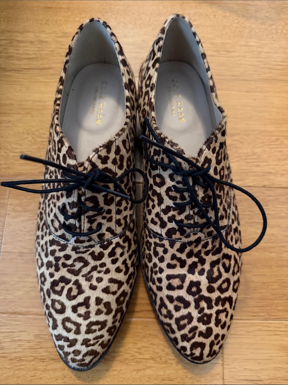 Cole Haan Leopard Print Lace-Up Flats in Brown and Cream